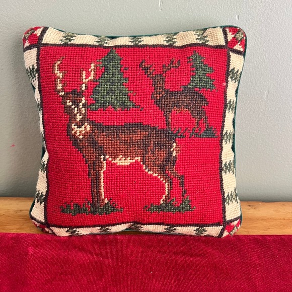 Other - Vintage Needlepoint Deer Pillow Red Green Velvet Rustic Lodge Christmas Decor
